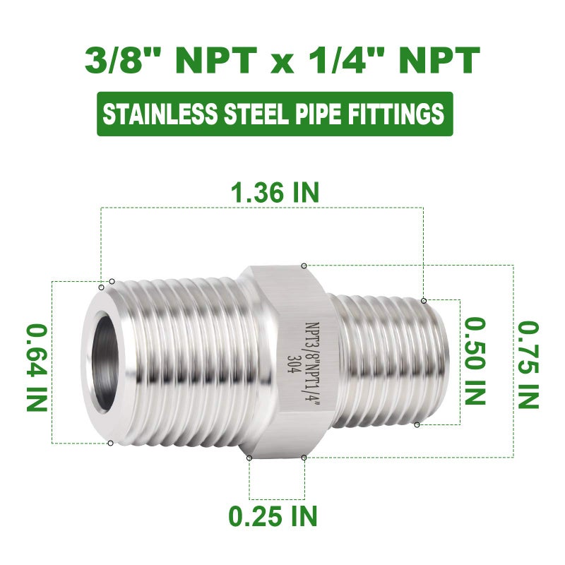 TAISHER 5PCS 304 Stainless Steel Hex Nipple, Reducer Pipe Fitting 3/8-Inch Male Pipe x 1/4-Inch Male Pipe - Image 4
